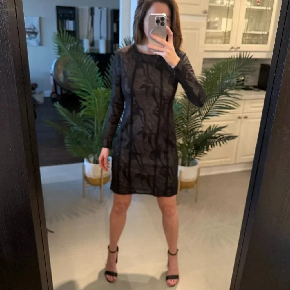 Black Embroidered Long Sleeve Holiday Dress, Reiss, US  2